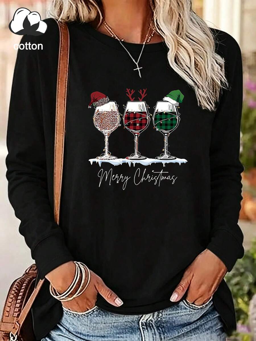 Women's Black Long-Sleeve Crew-Neck T-Shirt Featuring A Christmas-Themed Graphic And Lettering Print-Suitable For Autumn And Winter Wear. - Black - View 1