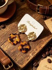 2pcs European & American Old Money Style Resin Flower Gold Pendant Earrings For Women & Girls, Daily Casual Party Jewelry Gift - Autumn/Winter - View 10