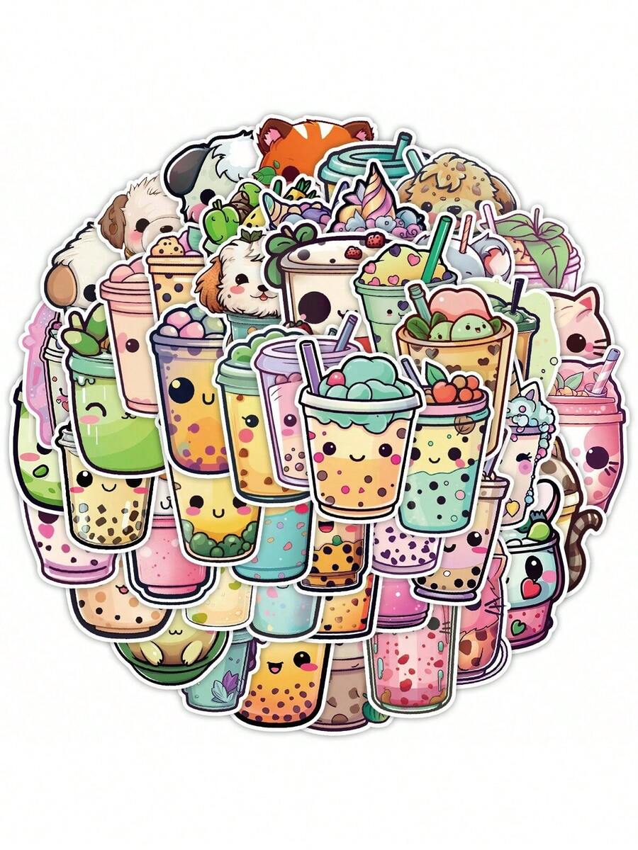 50pcs Cute Milk Tea Stickers, Suitable For Laptop, Water Bottle, Refrigerator, Books, Luggage, Table, Helmet, Skateboard, Guitar, Scrapbook Decoration, DIY Label Gift Seal Stickers, Packaging Labels, Party Stickers - Multicolor - View 1
