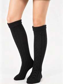 1 Pair Thick Knitted Cable Knit Knee-High Socks, Warm Casual Everyday Wear, Comfortable Socks - Black - View 2