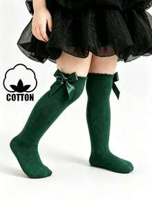 1 Pair Cotton Baby Socks With Big Bow, Girls' Dress Knee High Loose Socks For Students & Princesses - Green - View 6
