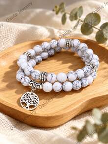 2pcs Sets White Turquoise Beaded Bracelet With Tree Of Life Pendant, Bohemia Fashion Friendship Jewelry Gifts For Men & Women Suitable For Daily Wear - White - View 4