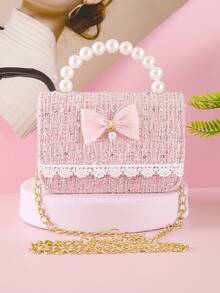 1pc Mini Girls Children's Bag With Beaded Bow Decoration, PU Linen Sequin Material, Chain Shoulder Strap, Fashion Beaded Handbag, Pink Mini Party Bag, Lightweight Children's Wallet, Small Handbag Suitable For Holiday And Daily Use - Pink - View 2