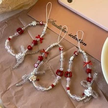 Original Red Hollow KT Bow Phone Lanyard DIY Wrist Chain CCD Camera Keychain Bag Charm - Multicolor - View 1
