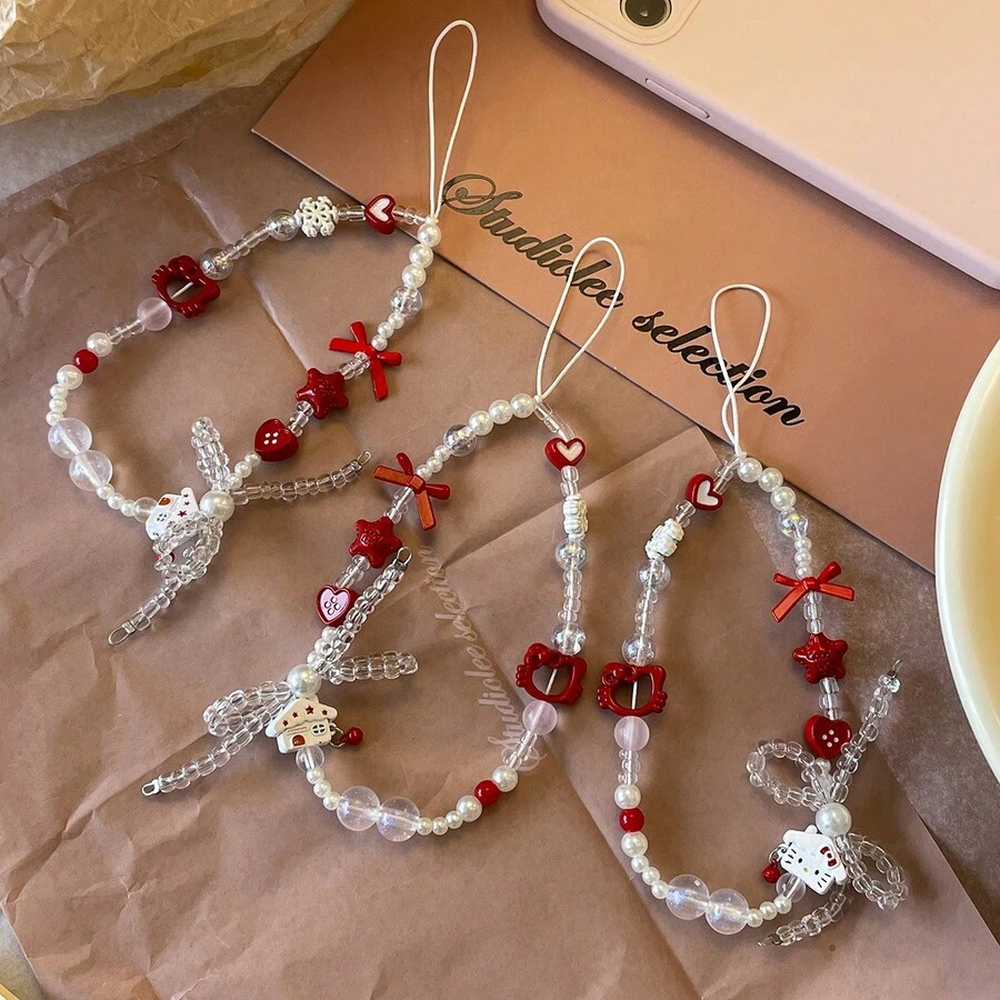 Original Red Hollow KT Bow Phone Lanyard DIY Wrist Chain CCD Camera Keychain Bag Charm - Multicolor - View 1