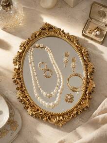 Vintage Gold Oval Mirror Jewelry Tray, Baroque Carved Vanity Storage Dish, Suitable For Rings, Earrings, Necklaces And Bracelets Storage, Vanity And Bathroom Countertop Decor - Multicolor - View 3