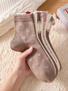 5 Pasang Kaos Kaki Wanita Motif Hati, Pita, dan Anak Anjing Warna Pink dan Cokelat, Panjang Selutut, Anti Selip dan Nyaman, Cocok untuk Musim Gugur/Dingin - Berwarna merah muda - View 5
