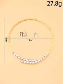 3pcs/Set Earrings & Necklace Jewelry Set, Double-Row Rectangular Cut Rhinestone Necklace + Minimalist Square Stud Earrings, Wedding Banquet Party Accessories - Rhinestone - View 8