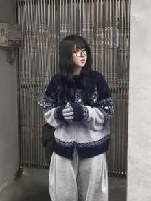 Cardigan Rajut Fair Isle Motif Salju dengan Resleting, Jaket Sweater Longgar Kasual Vintage yang Lembut dan Nyaman - Navy Blue - View 8