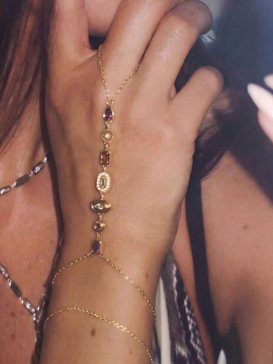1pc Luxury Stainless Steel Micro-Inlaid Rhinestone Finger Chain Bracelet, Fashion Geometric Design, Perfect Gift, Suitable For Daily Wear - Yellow Gold - View 1