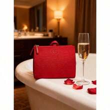 Vibrant Red Embossed PU Cosmetic Storage Bag With Top Handle Zipper Closure Portable Travel Toiletry Pouch For Makeup Skincare Organizing Holiday Birthday Anniversary Gift Armani - Flame Red - View 2