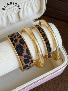 4pcs French Fashion Leopard Print Metal Bracelets Suitable For Women's Daily Casual And Party Wear (Gift Box Not Included) - Yellow Gold - View 2