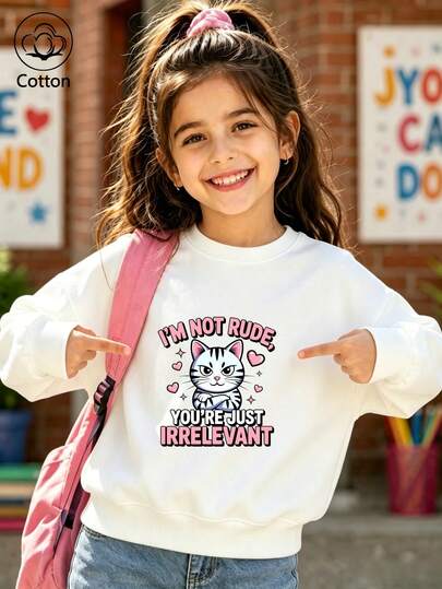 Girls' Cute Printed Drop-Shoulder Round-Neck Long-Sleeve Casual Sports Sweatshirt