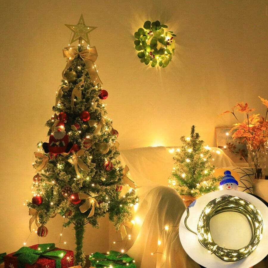 USB Powered Christmas Tree Green Copper Wire String Lights, LED Decorative Atmosphere Lights, Gift Box Packaging, Copper Wire Star Lights, Remote Control Green Plant Christmas Vine Garden Decoration String Lights - USB Plug - View 1