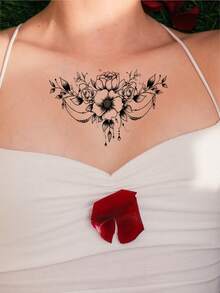 1pc Black Minimalist Fashion Floral Branch & Leaf Pattern Temporary Tattoo Sticker, Waterproof Body Skin Tattoo For Party Gift, DIY Holiday Gift, Music Festival, Shoulder, Neck, Collarbone, Back - Black - View 5