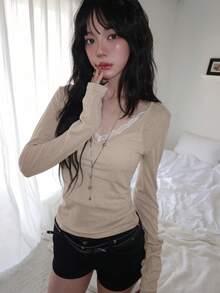 春夏V領防曬層搭百搭長袖女款T恤上衣 - 駝色 - 查看 1