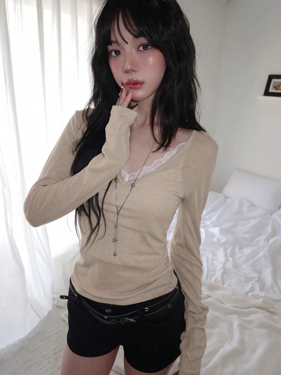 春夏V領防曬層搭百搭長袖女款T恤上衣 - 駝色 - 查看 1