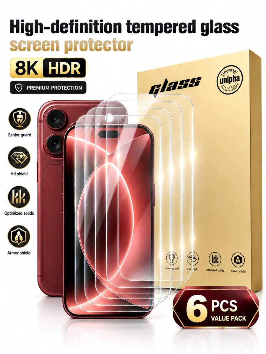 6PCS High Definition Tempered Glass Screen ProtectorCompatible With 18 Pro Max/18 Pro/18/17 Pro Max/17 Pro/17/16 Pro Max/16 Pro/16 Plus/16/15 Pro Max/15 Pro/15/14/13/12/11 Series, 8K HD Clear Full Coverage Phone Screen Film, 9H Hardness, Anti-Scratch, Shockproof, Anti-Fingerprint, Bubble-Free, Case Friendly, Easy Installation,