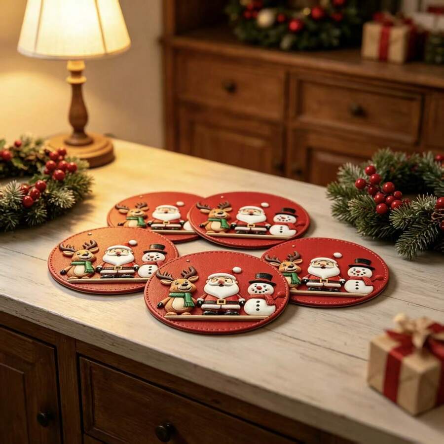 6/1pc Christmas Wooden Coasters Set, 2D Flat Santa Reindeer Snowman Round Wood Cup Mat, Table Protection Coaster, Xmas Tabletop Decoration, Great Holiday Gift For Coffee Bar - Red - View 1