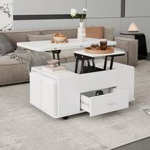 Lift Top Coffee Table With Wheels,  Convertible Dining & Work Table With 4 Stools, Hidden Storage, Extendable Side Table, Space-Saving End Table,Tea Table, White, 100x50x45cm (Folded) - 1 - View 6