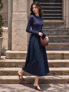 Women Fall Midi Dress, Long Sleeve Button Front Knit Bodice With Flowy Woven Skirt A‑Line Dress - Navy Blue - View 1
