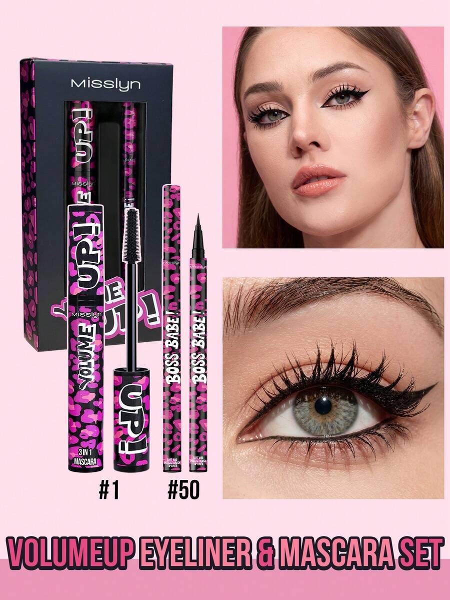 Misslyn -BOSS BABE Eyeliner And Mascara Set, Long-Lasting Pigment, Lengthening Lashes, Lightweight Formula, Infused With Tinted Synthetic Fibers To Make Sparse Lashes Look Thick And Full - #1+#50 - View 1