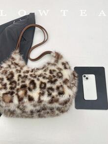 low tea 1pc Crescent Bucket Plush Fabric Shoulder Tote Bag, Suitable For Commuting, Shopping And More - Coffee - View 10