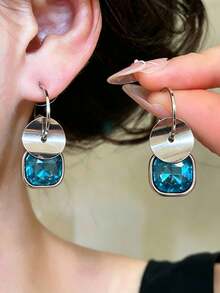 1 Pair French Elegant Square Sequin Blue Rhinestone Dangle Earrings, Minimalist Fashion High-End Design Korean Style Ear Hooks, Suitable For Women's Daily, Holiday, Commute Wear - Multicolor - View 5