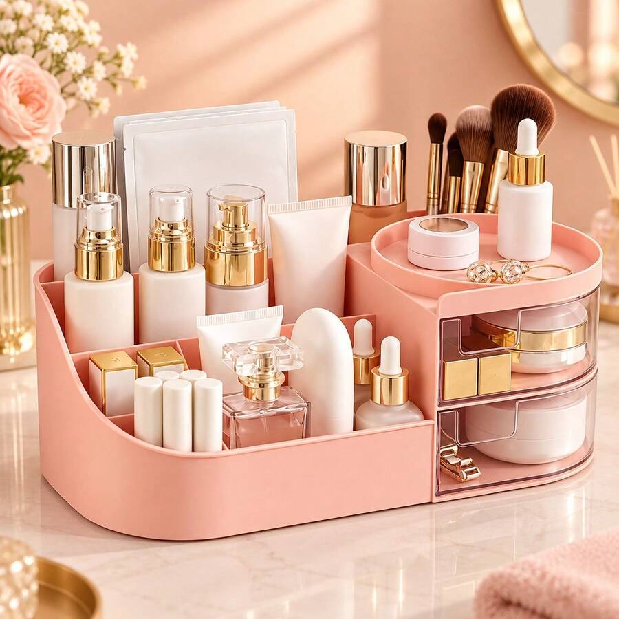 Vanity Drawer Bathroom Cosmetic Storage Box, Skincare Organizer With Large Capacity Storage Drawer And Makeup Brush Holder, Lipstick Jewelry Nail Care Cosmetic Storage - Multicolor - View 1