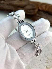 Women's Rhinestone Oval Dial Quartz Watch Adjustable Leaf Slider Bracelet Wristwatch Gift For Her Birthday Christmas - Silver - View 3