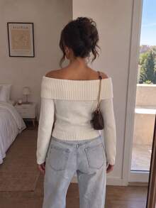 Women's Off-Shoulder Folded Long Sleeve Knit Sweater, Slim Fit Solid Color Pullover Top, Suitable For Date, Party And Daily Wear - White - View 5