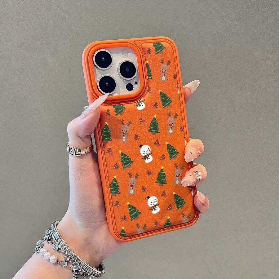 1 قطعة بطانية هاتف TPU برتقالي مطفي بملمس الليتشي، مزين بتصميم مرسوم لرنة عيد الميلاد وشجرة؛ تغطية كاملة، مقاوم للسقوط، ومضاد للبصمات؛ متوافق مع سلسلة آيفون 11 إلى 17 (برو ماكس/بلس/XS/XR). - متعدد الألوان - مشاهدة 1