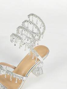 Women's Square Toe Crystal High Heel Sandals With Rhinestone Snake Wrap Strap, Elegant Fashion Open Toe, Minimalist Basic Style For Summer And Autumn - Silver - View 4