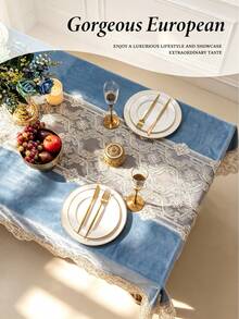 1pc Light Blue Velvet Hollow Lace Tablecloth, Gold Vine Rope Embroidery Craft Tablecloth, Multiple Size Options, Suitable For Living Room, Dining Room, Home Decor And Room Decoration, Perfect For Holiday Party Decoration Or Dining Table Decor - Baby Blue - View 11