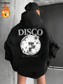 Women's Sweatshirt, Autumn/Winter Thermal Lined Long Sleeve Loose Sweatshirt, Printed With Disco Ball Pattern And "Let's Dance Together" Text - Black - View 11