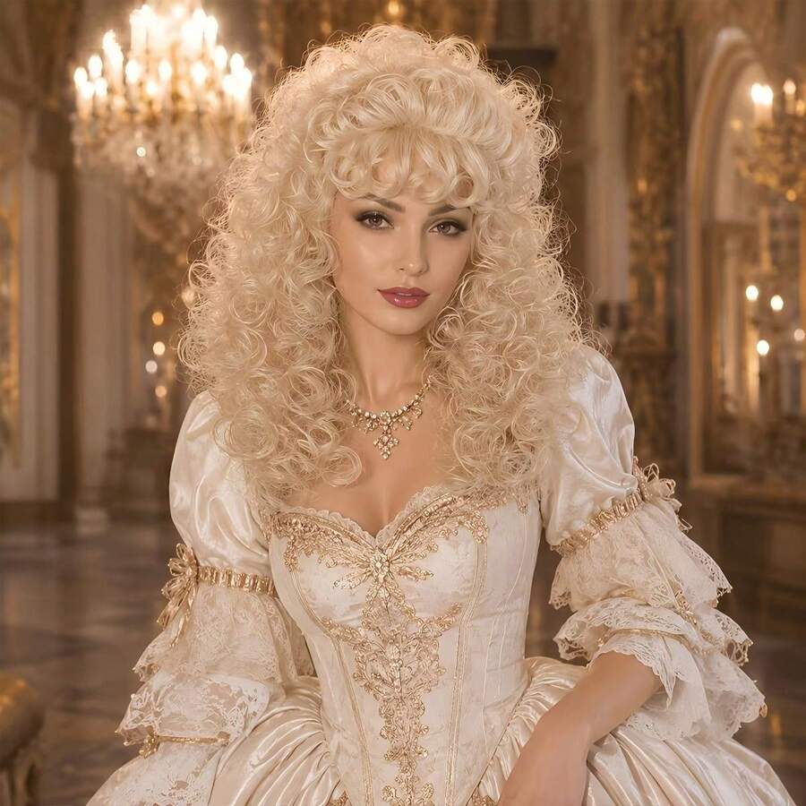 Platinum Blonde Big Curls 80s Rock Style Voluminous Fluffy Synthetic Wig With Bangs, Suitable For Halloween, Cosplay, Party, Costume Party And Other Occasions - Gold - View 1