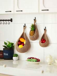 1/3/6piece Set Wall Mounted Woven Basket, Bohemian Style, Droplet Shaped, Suitable For Vegetable, Fruit, Kitchen Storage Basket, As Well As Holiday Decoration, Kitchen Storage Bag, Hanging Storage Basket, Storage Bag, Kitchen Decoration Storage Bag - Multicolor - View 5