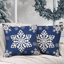 2PCS Navy Snowflake Pillow Set For Winter And Holiday Sofa And Bedroom Home Decor, Autumn/Winter Decoration, Single-Sided Printing, Pillow Core Not Included - Blue - View 5