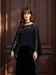 Fall Vintage Black Lace Cape Top, Loose Batwing Sleeve Sheer Hollow Out Blouse, Retro Fall Party Lace Cover Up - Black - View 2