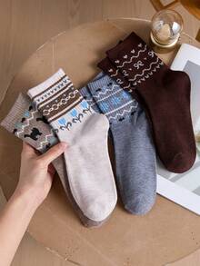 4 Pairs Women's Bow Embroidery Mid-Calf Socks, Autumn/Winter Vintage Preppy Style Floral Pattern Socks, Korean Sweet Versatile Socks - Multicolor - View 2