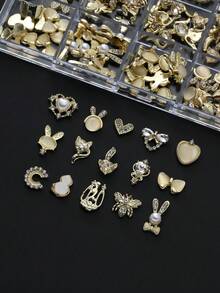 Autumn New Arrival 30PCS Gold Alloy Nail Charms, Mixed 3D Bow Heart Pearl Rabbit Flower Rhinestone Nail Art Decorations, Luxury Metal Nail Studs For DIY Manicure - Multicolor - View 3