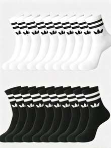 1/5/10/20 Pairs Women's Striped And Solid Color Mid-Calf Sports Socks, Couple Style, Breathable And Moisture-Wicking Casual Socks, Unisex, Suitable For Daily Wear, Sports Occasions And Campus Style, Random Color Assortment - Multicolor - View 9