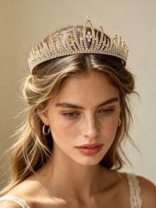1pc Luxury Gold Rhinestone Crown Hair Accessory For Women, Banquet Wedding Princess Tiara, Sparkling Crystal Metal Texture Bridal Headpiece - Multicolor - View 4