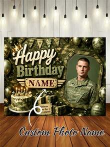 Customizable Name & Photo Camouflage Theme Happy Birthday Backdrop, Camo Balloons, Camo Cake, Gift Box, Party Hat Decor, Suitable For Birthday Party, Military Fan Birthday, Military Theme Party Photography Banner Vinyl Backdrop - Green - View 2