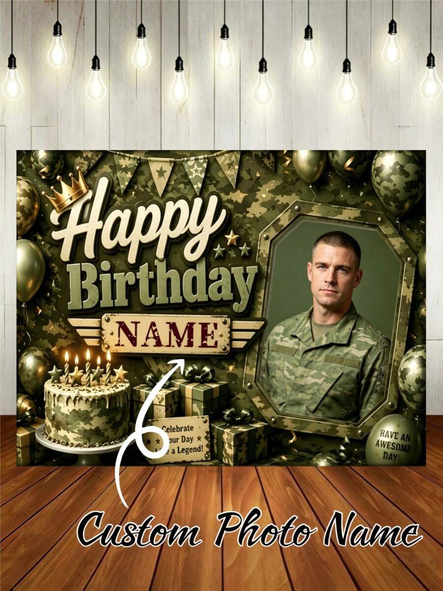 Customizable Name & Photo Camouflage Theme Happy Birthday Backdrop, Camo Balloons, Camo Cake, Gift Box, Party Hat Decor, Suitable For Birthday Party, Military Fan Birthday, Military Theme Party Photography Banner Vinyl Backdrop