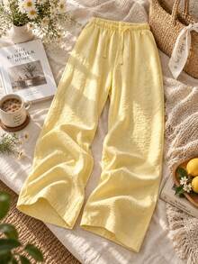 Tween Girls' 1-Piece Casual Loose Beach Pants, Streetwear Style Long Pants, Young Student Clothing, Suitable For Summer Daily Wear - Yellow - View 1