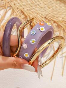4pcs 3D Flower Resin Bracelets, Gold Irregular Round Ring Stackable Set, Fresh Sweet Fashionable Hand Jewelry, Suitable For Various Occasions - Bracelet - View 1