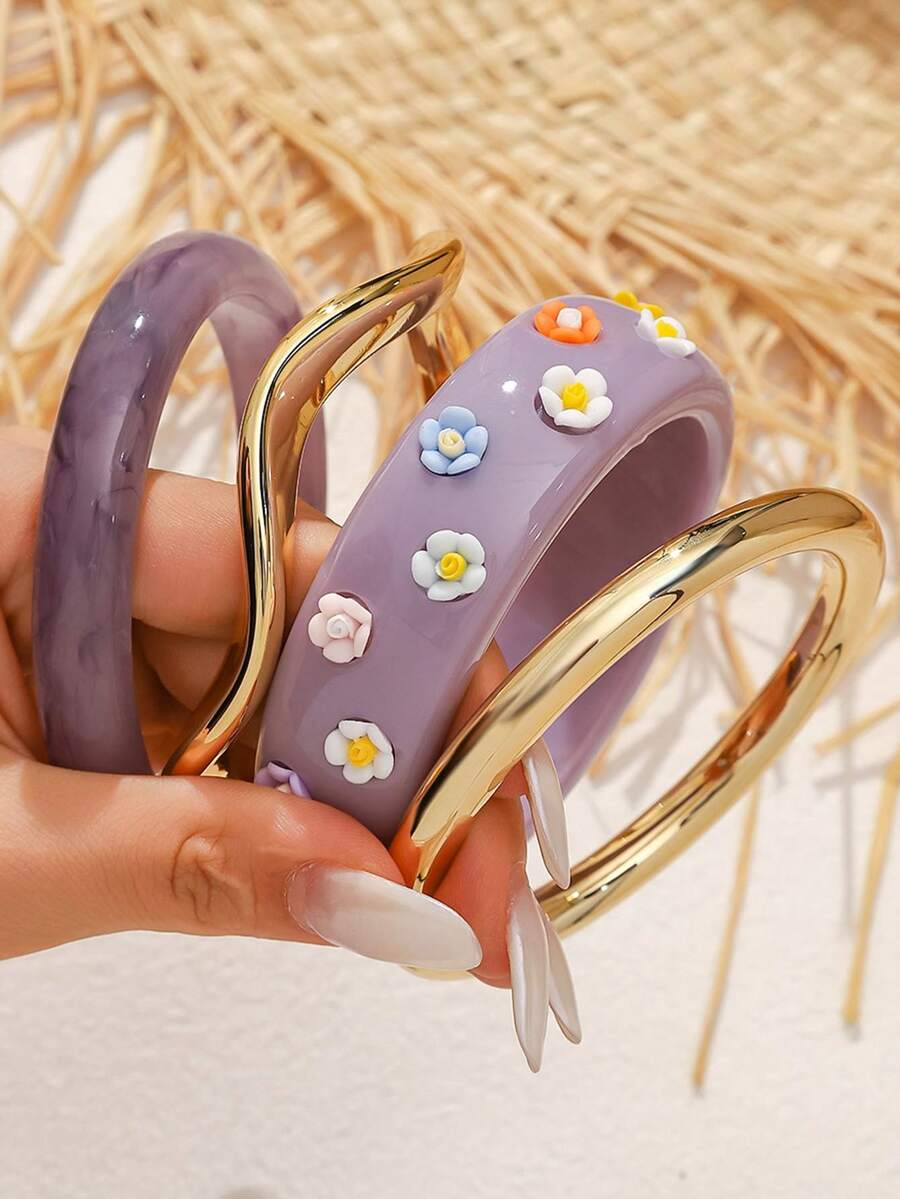 4pcs 3D Flower Resin Bracelets, Gold Irregular Round Ring Stackable Set, Fresh Sweet Fashionable Hand Jewelry, Suitable For Various Occasions - Bracelet - View 1