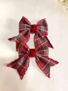 2pcs Girls Plaid School Style Multi-Color Bow Ponytail Side Hair Clips, Suitable For Autumn/Winter Daily Wear - Red - View 4