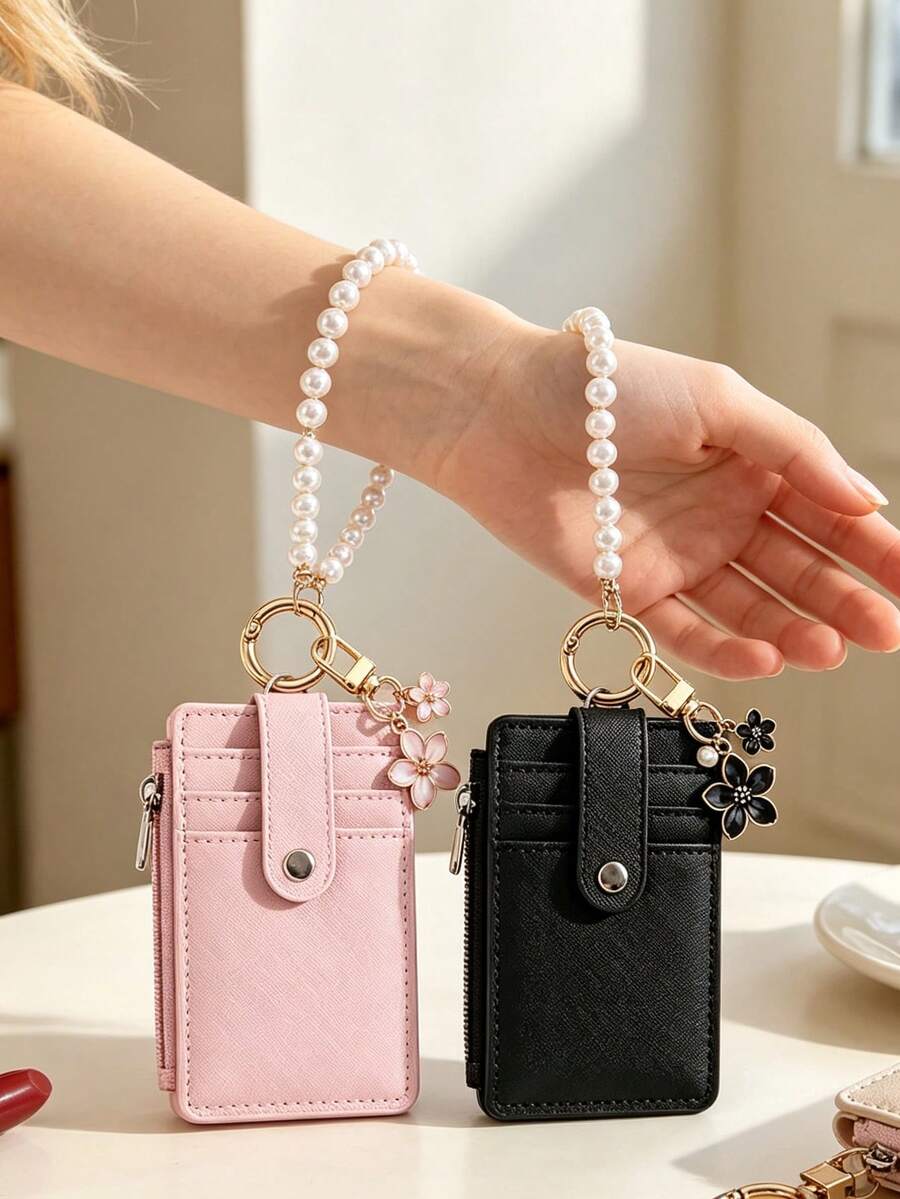Flower Pendant Keychain Card Wallet With Pearl Chain, PU Multi Card Slots Wallet, Zipper Coin Purse ID Card Holder, Wristband Bracelet Coin Wallet Suitable For Commuting, Shopping, Business Travel, Dating, Party, Campus, Office - Multicolor - View 1